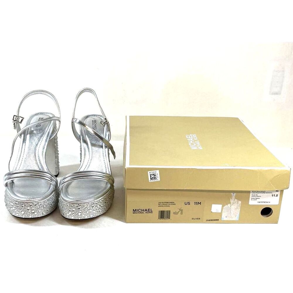 MICHAEL Michael Kors Silver Metallic Platform Block Heel Sandals Size 11M